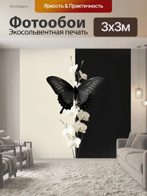 Фотообои Черная бабочка и белые орхидеи