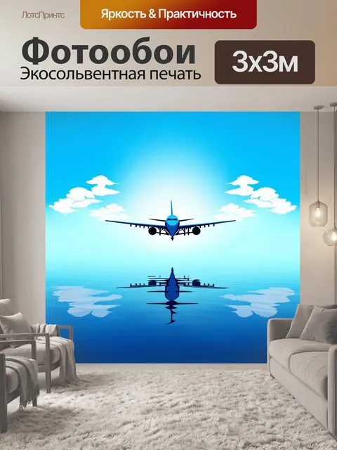 Фотообои минималистичное изображение взлетающего самолета на фоне гладкой водной поверхности