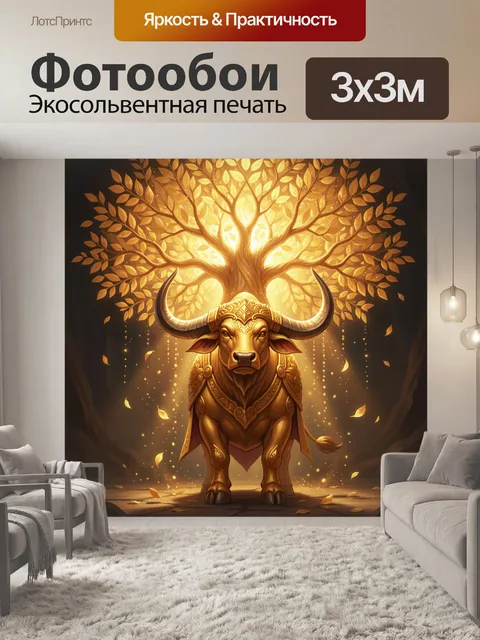 Фотообои Золотой бык под светящимся деревом