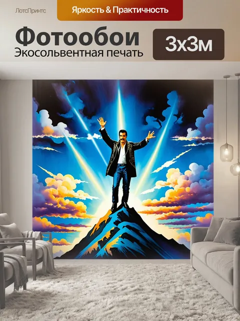 Фотообои фредди меркьюри, стоящий на вершине горы в окружении облаков и лучей солнца, символизируя свободу и силу его…