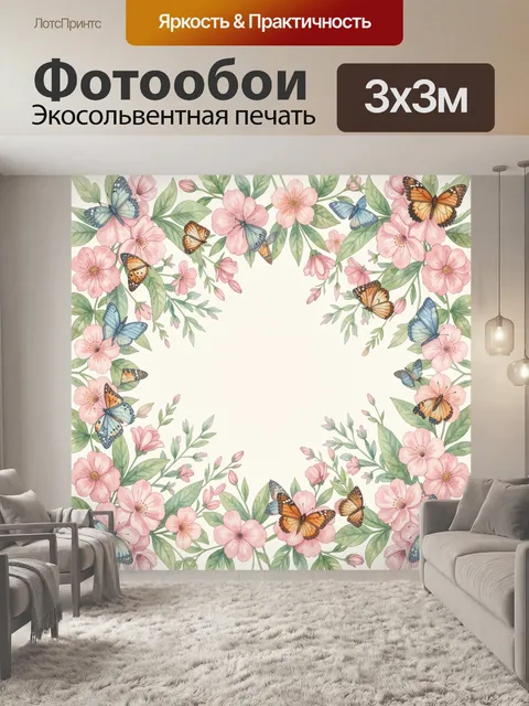 Фотообои Цветочная рамка с бабочками