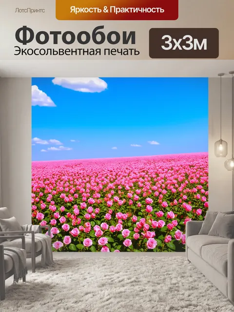 Фотообои поле, усыпанное розовыми розами, под ярким голубым небом с несколько облаков