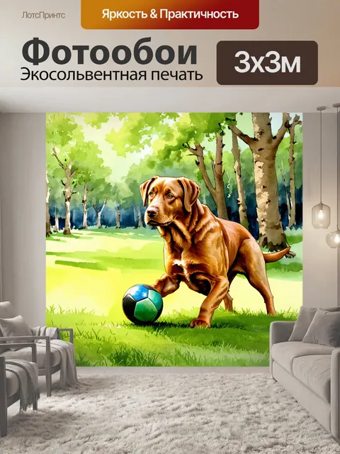Фотообои на фоне живописного леса, коричневый лабрадор ретривер наслаждается игрой с мячом на зеленой траве