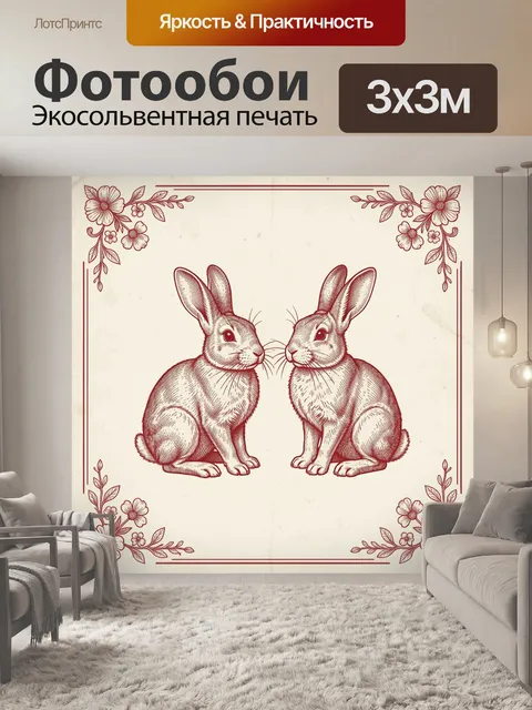 Фотообои Пара зайцев в цветочной рамке