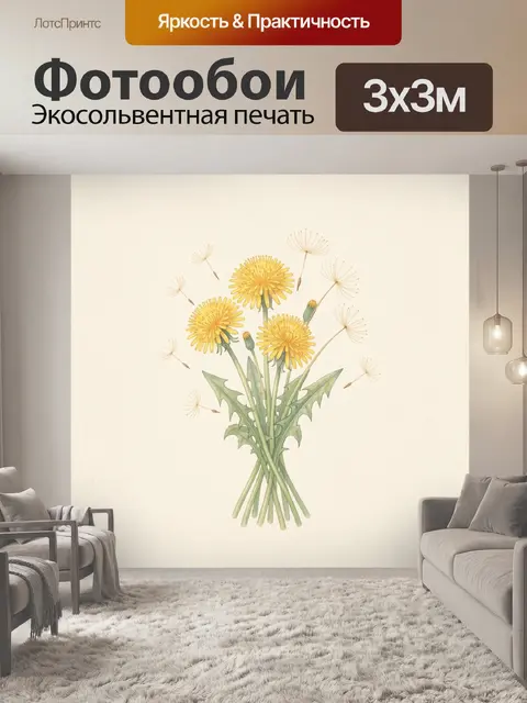 Фотообои Жёлтые одуванчики на светлом фоне