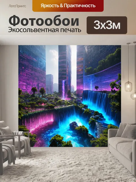 Фотообои пейзаж в стиле футуристический, мощные водные водопады, стекающие с высоких зданий, яркие световые эффекты