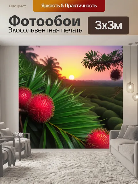 Фотообои пейзаж с рамбутанами на фоне заката