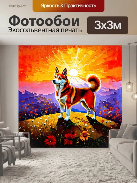 Фотообои на картине акита-ину, стоящая на вершине холма, смотрит на закат