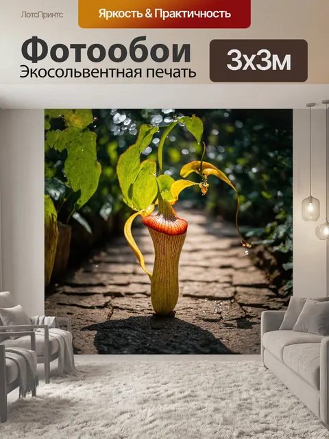 Фотообои непентес, с его уникальными формами и яркими цветами, возвышается на фоне древних каменных дорожек…