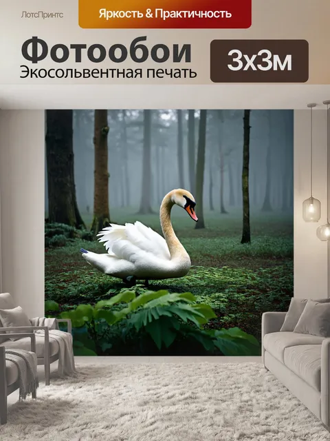 Фотообои с лебедем в тумане утреннего леса