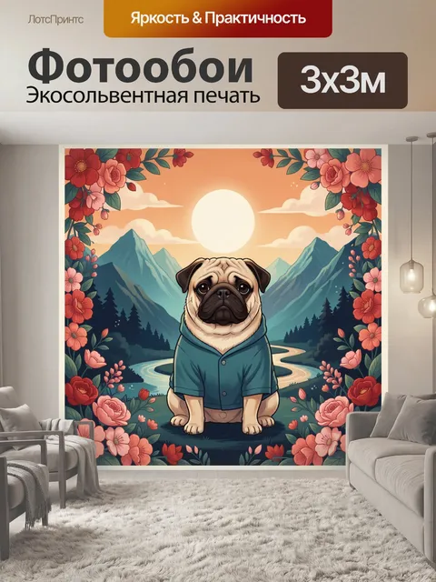 Фотообои Мопс в горах среди цветов