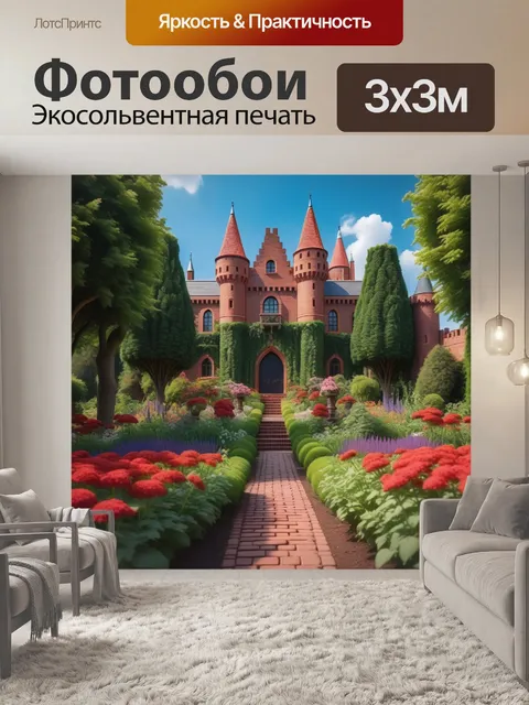 Фотообои замок с красными кирпичами, окружённый цветущим садом