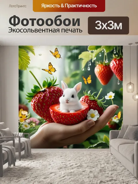 Фотообои микрокролик в большой клубнике