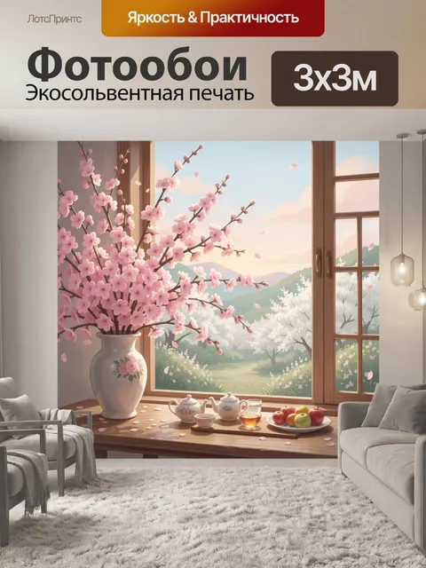Фотообои Сакура у окна с чайным столом