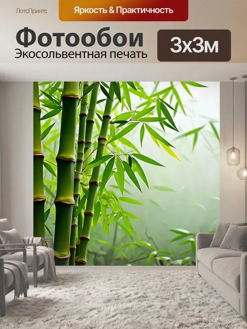 Фотообои листья молодого бамбука, яркие и свежие, окруженные утренним туманом