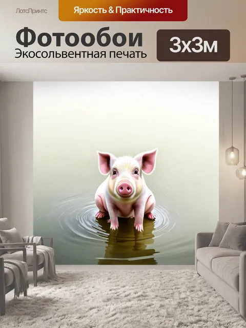 Фотообои свинья, сидящая у озера в утреннем тумане, окруженная тишиной и покоем природы; отражение ее тела в воде…