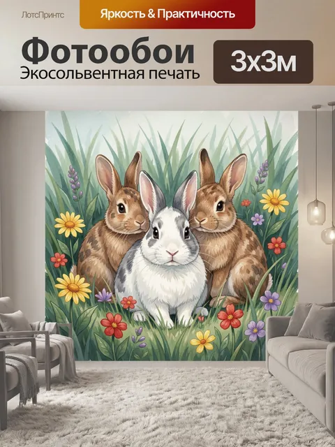 Фотообои Три зайца среди цветов