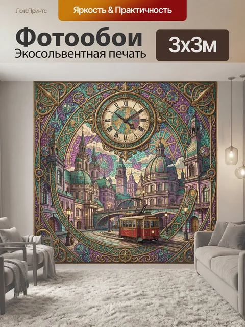 Фотообои Городские часы и трамвай