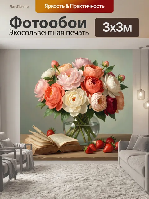 Фотообои Пионы, книга и клубника