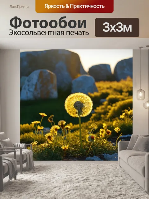 Фотообои одуванчики на фоне мраморных скал, создают контраст между хрупкостью цветов и жесткостью природы