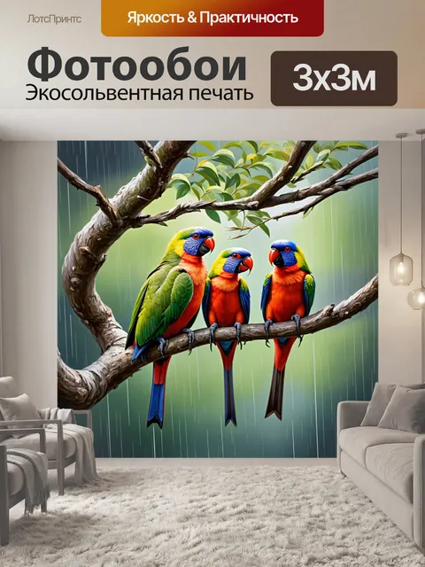 Фотообои стройте композицию, в которой мускусные лорикеты расположились на ветках деревьев, укрывающих их от дождя