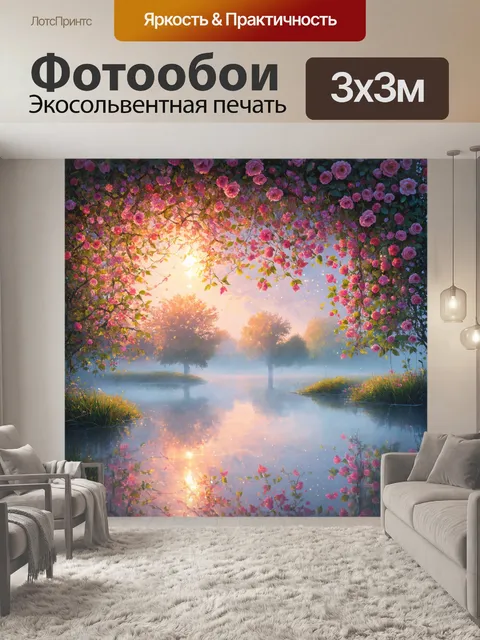 Фотообои прованс с утренним туманом, окутывающим тихое озеро, возле которого растут шиповники и бусинки