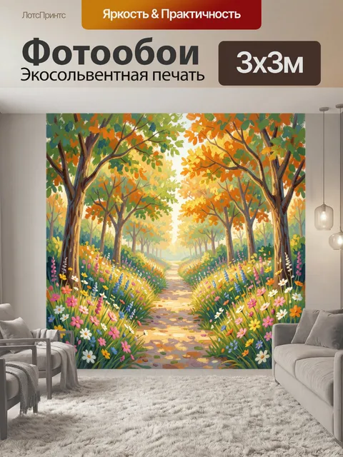 Фотообои Осенний лесной путь с цветами