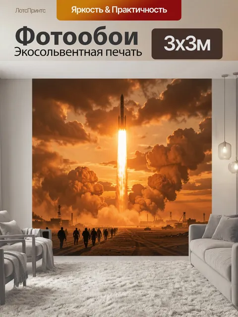 Фотообои Ракета в огненном закате над облаками