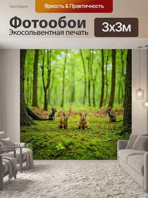 Фотообои лес с ветками, за которыми наблюдают маленькие животные