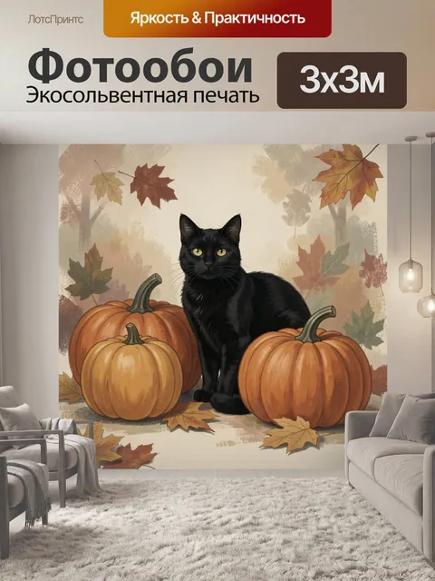 Фотообои Чёрный кот среди тыкв