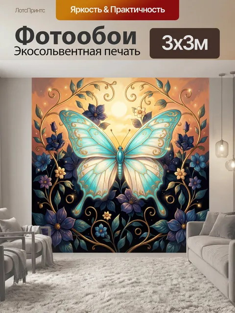 Фотообои Бирюзовая бабочка среди цветов