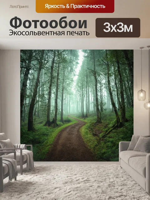 Фотообои туман в стиле однострочный рисунок, показывающие тропинки в лесу, теряющиеся в тумане