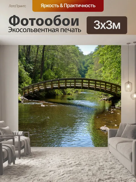 Фотообои лиана, укрывающая деревянный мостик над спокойной рекой, с отражениями в воде, окруженная густыми лесами