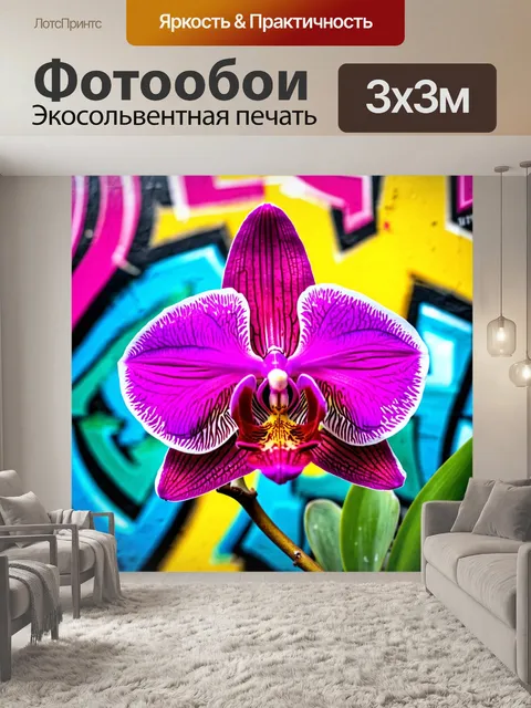 Фотообои орхидея на фоне яркого граффити, уличное искусство