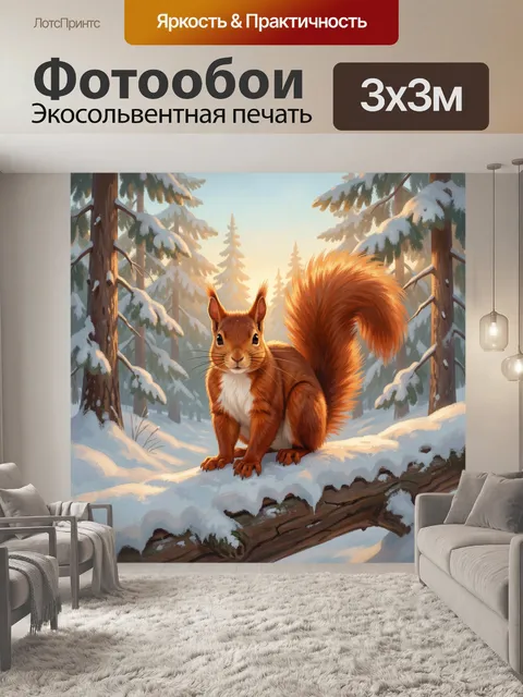 Фотообои Рыжая белка в зимнем лесу