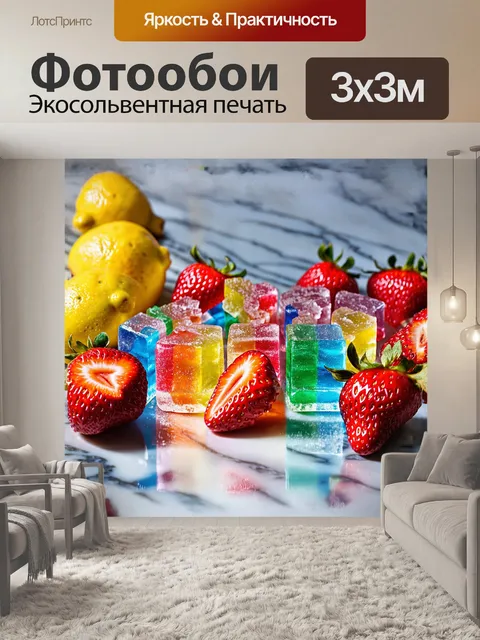 Фотообои подробный натюрморт, на котором крупные жевательные конфеты маоам разложены прямо на мраморной поверхности
