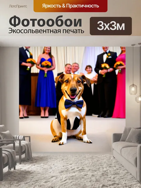 Фотообои с собакой, участвующей в свадебной церемонии, одетая в маленькую бабочку и цветы, радостные лица гостей