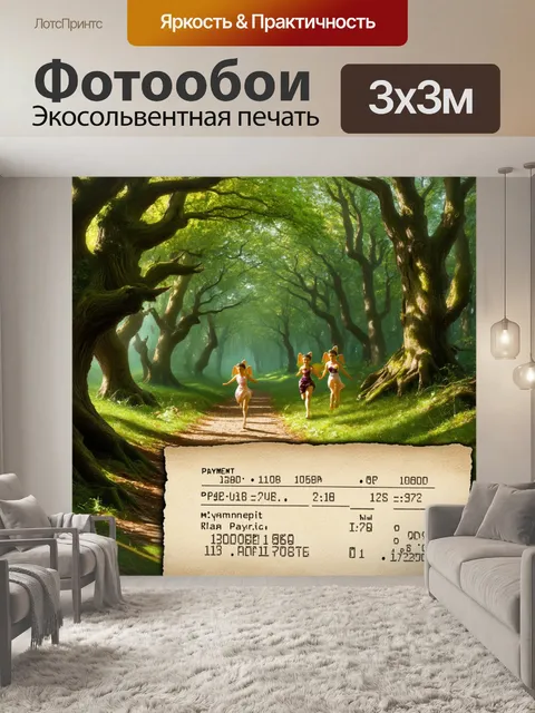 Фотообои спокойный лесной пейзаж с раскидистыми деревьями и нимфами, бегающими между ними