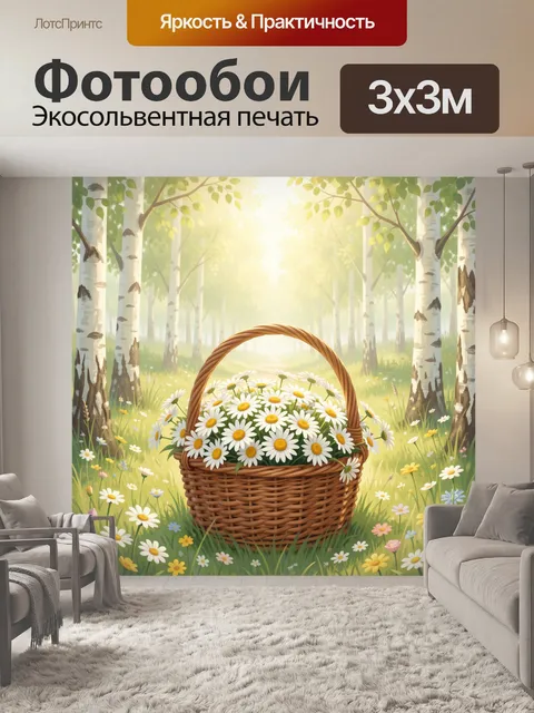 Фотообои Корзина ромашек в берёзовой роще