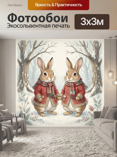 Фотообои Два зайца в зимнем лесу