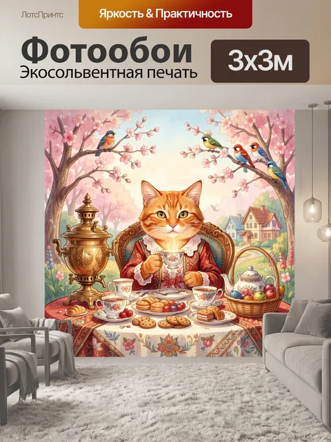 Фотообои Кот за чайным столом в саду