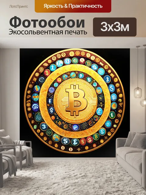 Фотообои мандала, составленная из различных символов криптовалют с использованием ярких и контрастных цветов