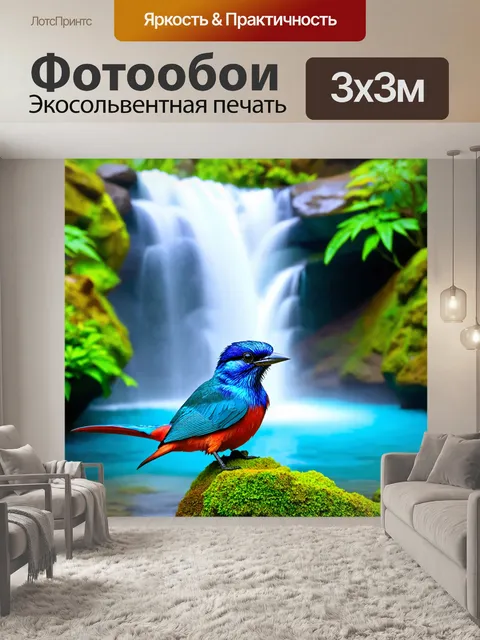 Фотообои птица рая, сверкающая перьями, на фоне водопада