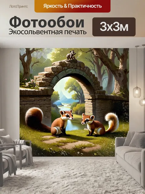 Фотообои изобразите куницу и горностая, играющих под старинной аркой в лесу, используя стиль романтического искусства