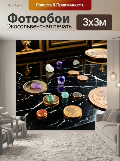 Фотообои винтаж показывают черный мраморный стол с драгоценными камнями и старыми монетами