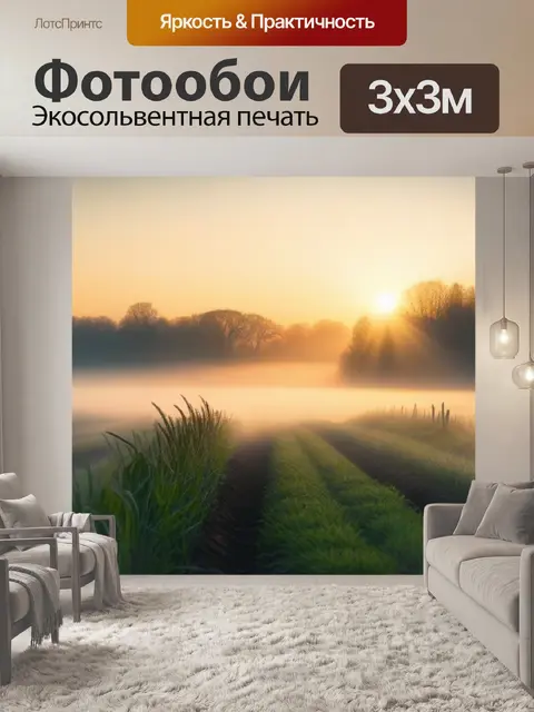Фотообои рассвет над полем, покрытым туманом