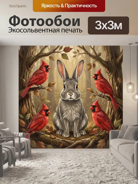 Фотообои Заяц и красные кардиналы в лесу