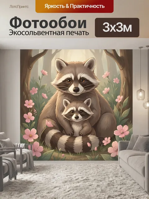 Фотообои Еноты в лесу с цветами