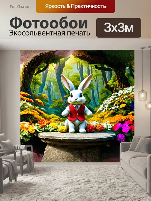 Фотообои кролик, одетый в красный жилет, сидит на высоком, переполненном цветами прямом каменном столе, окруженный…