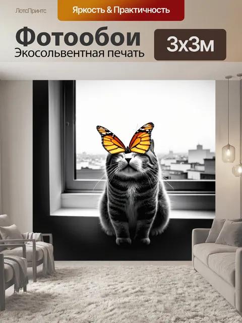 Фотообои изображение бабочки на носу кошки, сидящей на подоконнике квартиры с видом на город